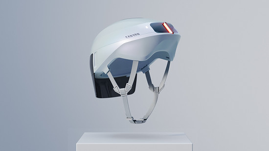 - Canyon Smart-Helm mit integriertem Visier und HUD
- Rücklicht mit dynamischer LED-Anzeige
- Silberne Kinnriemen und Schnallen
- Minimalistisches Design, schwebend präsentiert